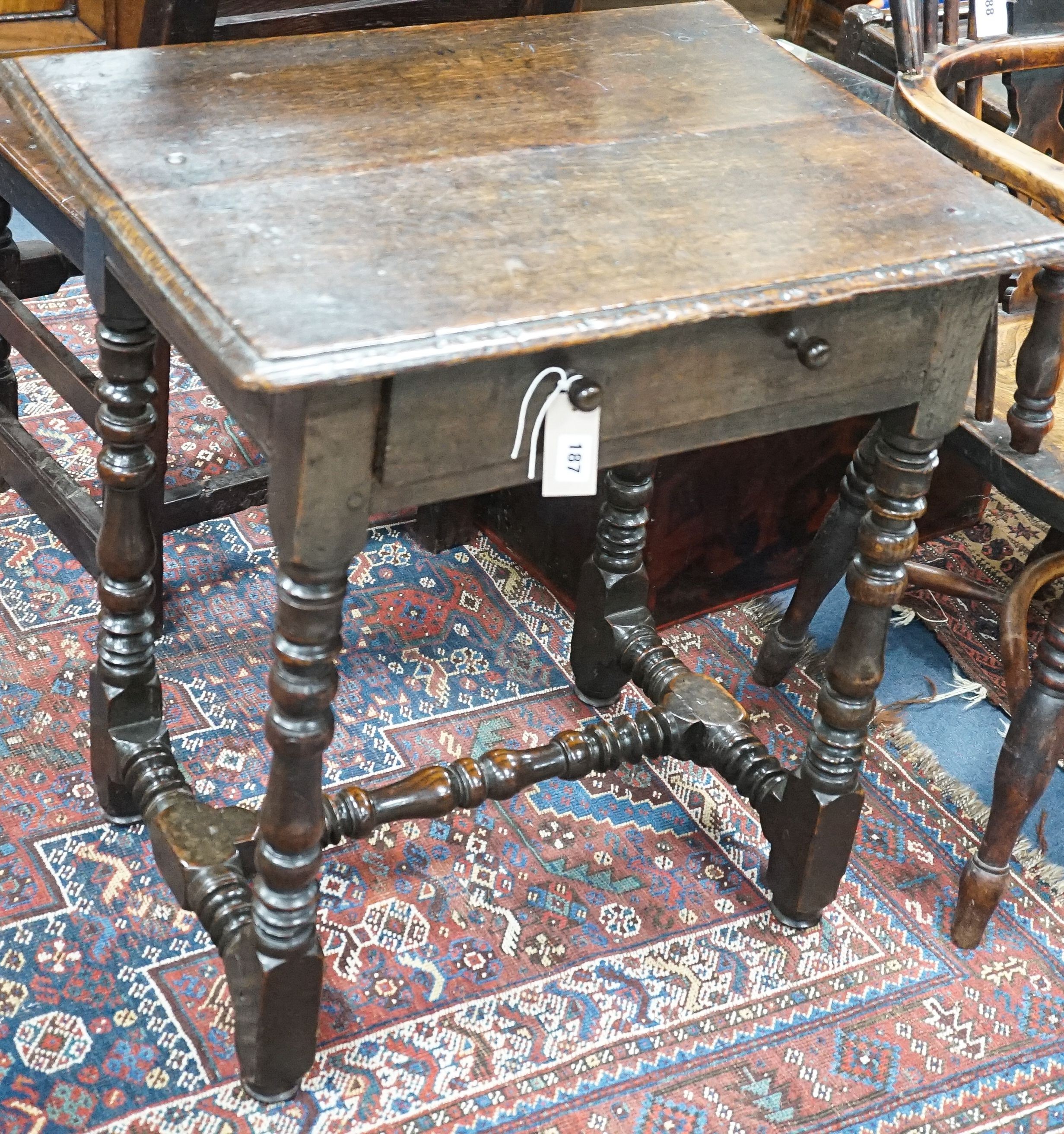 A William and Mary rectangular oak side table on turned legs with H stretcher, width 65cm, depth 50cm, height 69cm